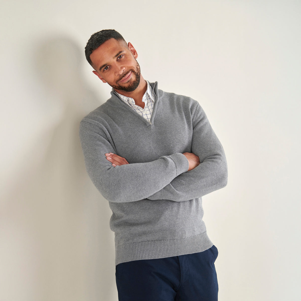 Quarter-Zip Knitted Jumper - Grey - Lifestyle Front