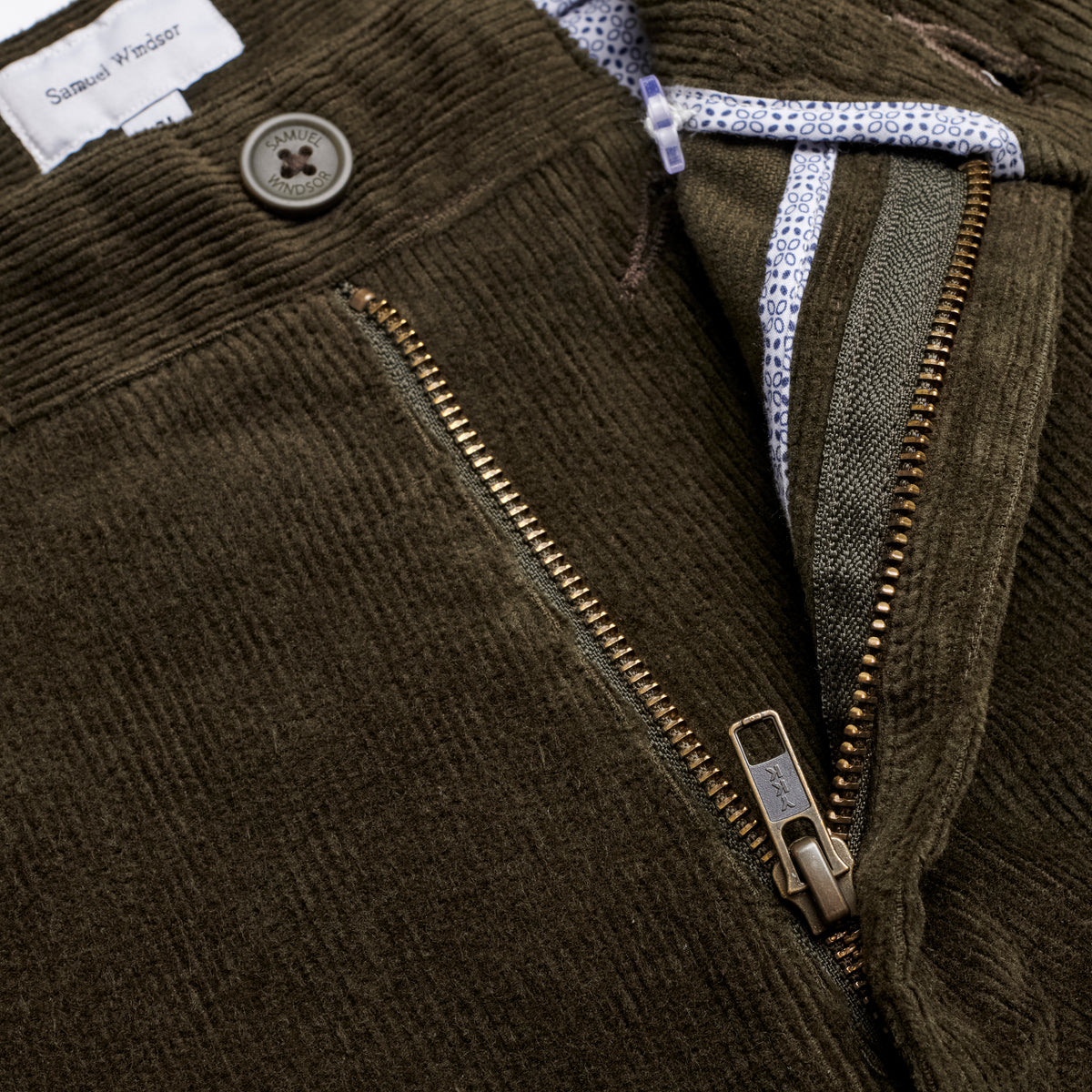 Corduroy Trousers - Dark Olive - Zip Detail
